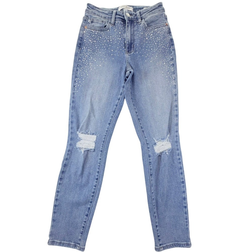 Judy Blue Jeans Womens 3/26 Slim Fit Rhinestone Distressed Light‎ Wash JB88565